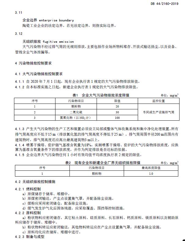 《陶瓷工业大气污染物排放标准》DB 44/2160-2019