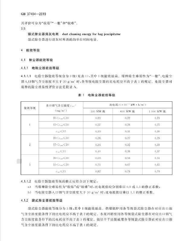 GB 37484-2019 除尘器能效限定值及能效等级